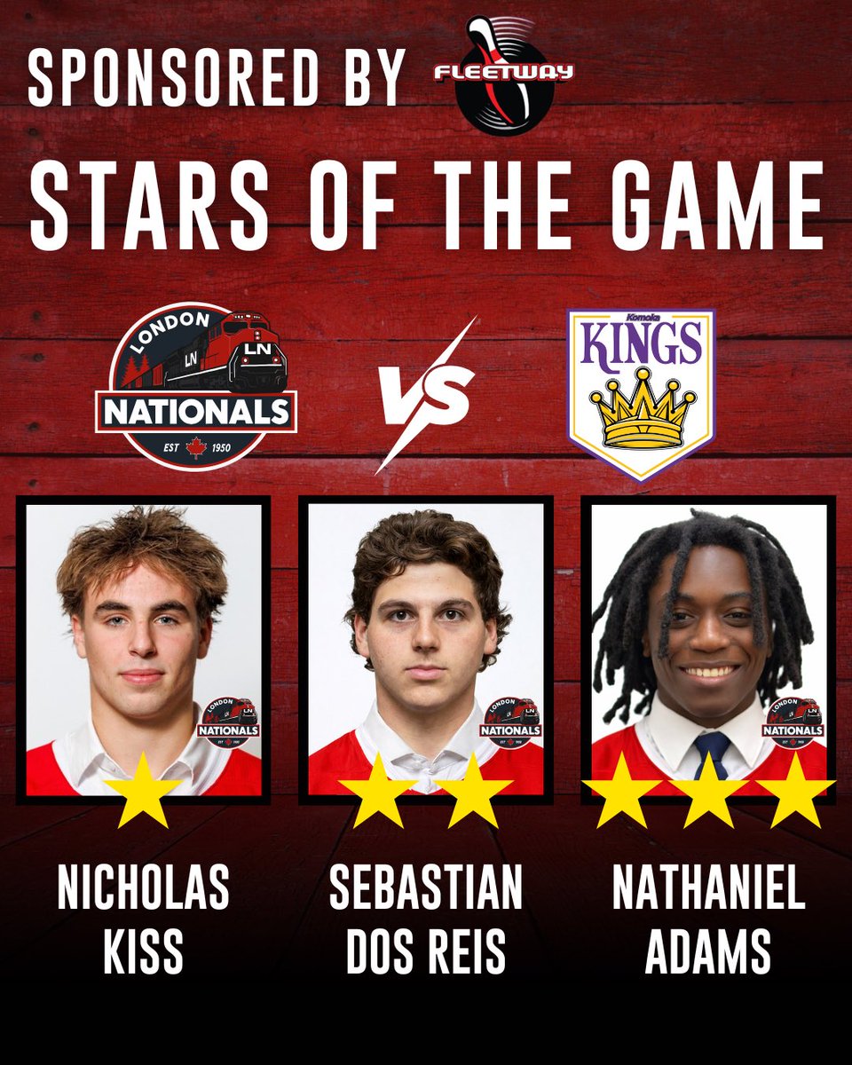 LondonNationals's tweet photo. ⭐️ STARS OF THE GAME ⭐️

Congratulations to tonight stars of the game sponsored by Fleetway!

Strong offensive, power and control, great game boys 👏🏻

#StarsOfTheGame #LondonNationals #GOHL #BackOnTrack https://t.co/IPMUStvhrl