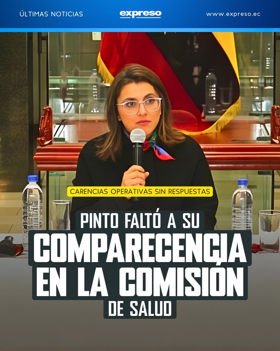 La vicepresidenta de la República y ministra de Salud encargada, María José Pinto, no asistió a la convocatoria de la Comisión de Salud de la Asamblea Nacional, donde debía rendir cuentas sobre la operatividad de la red sanitaria pública y la escasez de especialistas.

Más