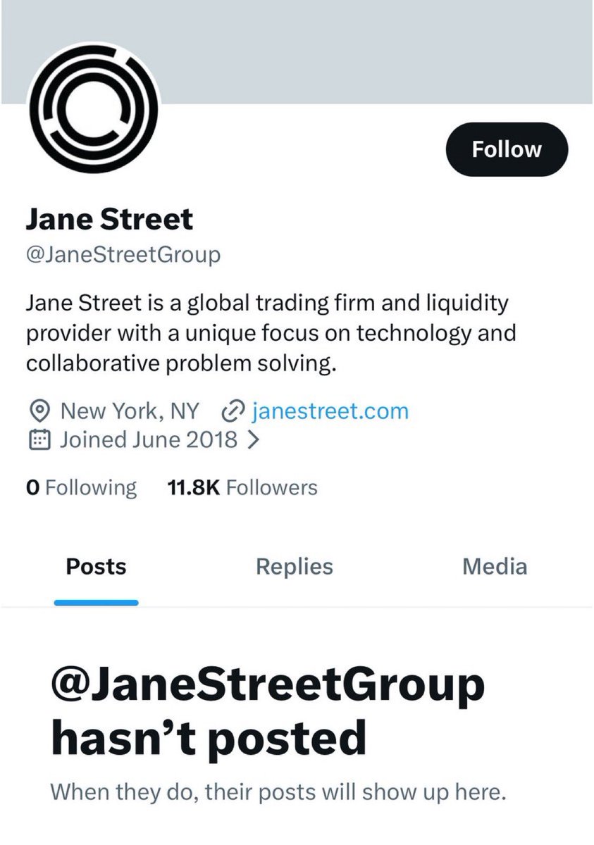 Jane Street just deleted every post from their official X account following the market manipulation lawsuit.

Not good.