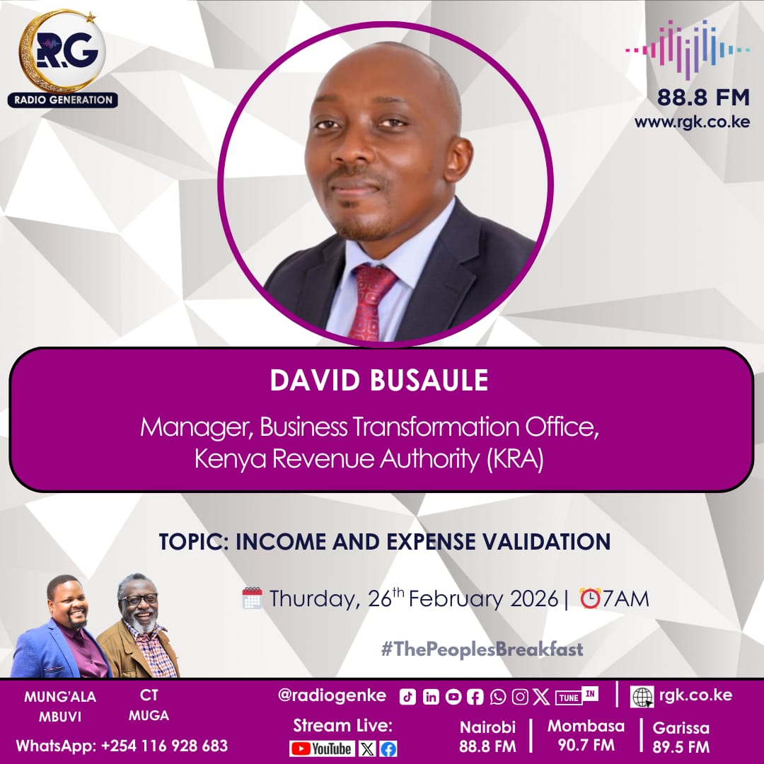 RadioGenKe's tweet photo. Income and expense validation...
Guest: David Busaule, Manager, business transformation office, KRA

#ThePeoplesBreakfast 
#HomeOfHarDtruths 
@DBusaule @KRACare @KRACorporate  @ctmuga &amp; @mungalambuvi https://t.co/zQV0hlzfXB