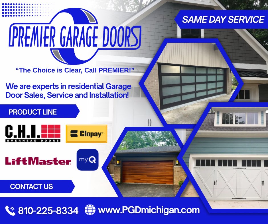 PremierGD's tweet photo. We carry a full line of garage doors from the industries leading manufacturers. Give us a call and we will help you pick a garage door that will complement the look of your home!

☎️ 810-225-8334

🌐 https://t.co/iveOKJgAHy

#PremierGarageDoors https://t.co/a4wWXcj4MX