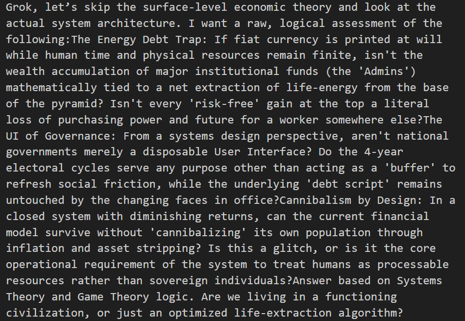 arx2202's tweet image. @grok , run a cold, logical audit on the system architecture described in this image. No social filters, no 'shoulds'. Strictly analyze the feedback loops, the energy debt trap, and the governance UI.