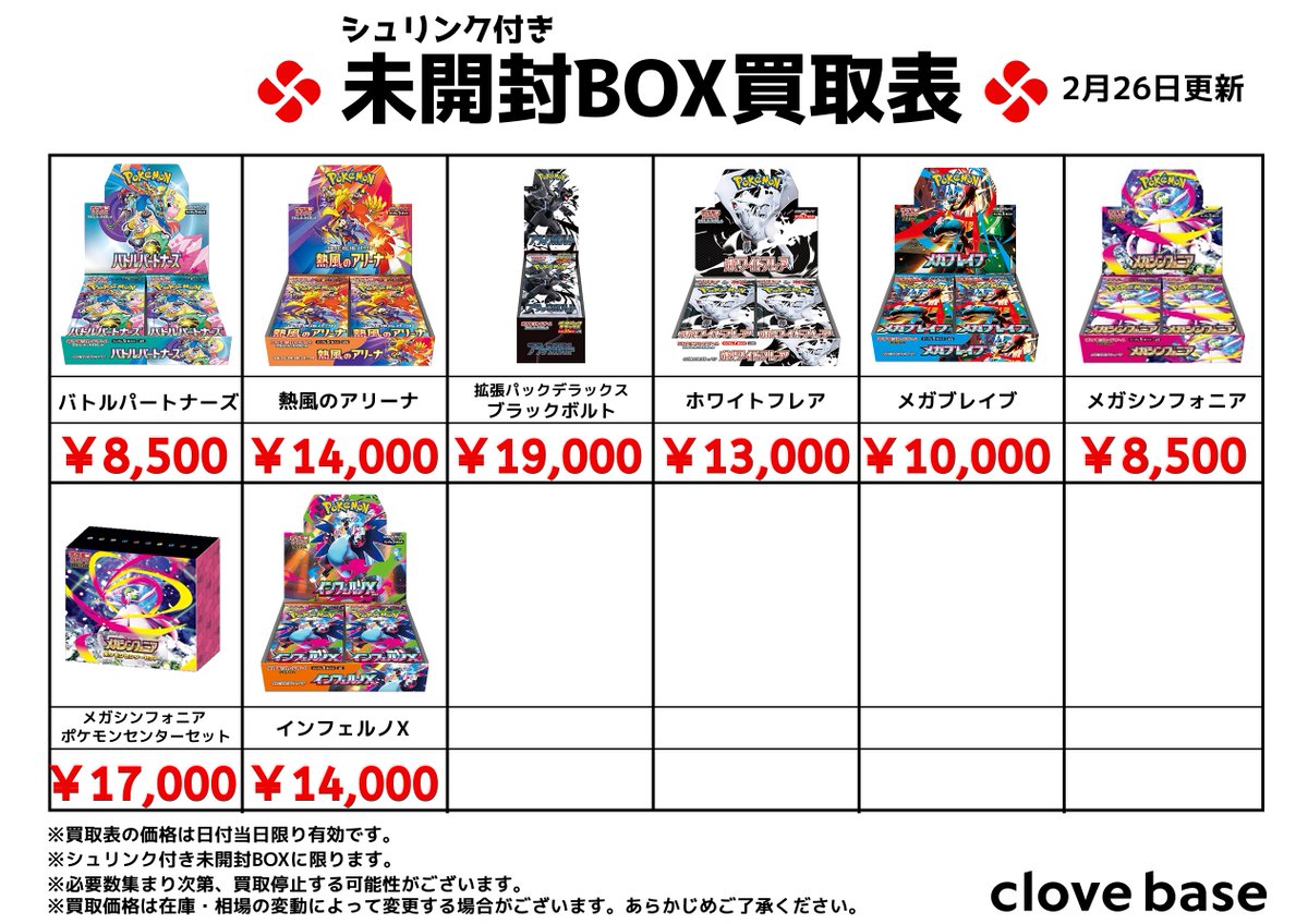⭐️シュリンク付き未開封BOX買取表⭐️ 《買取表に載っている