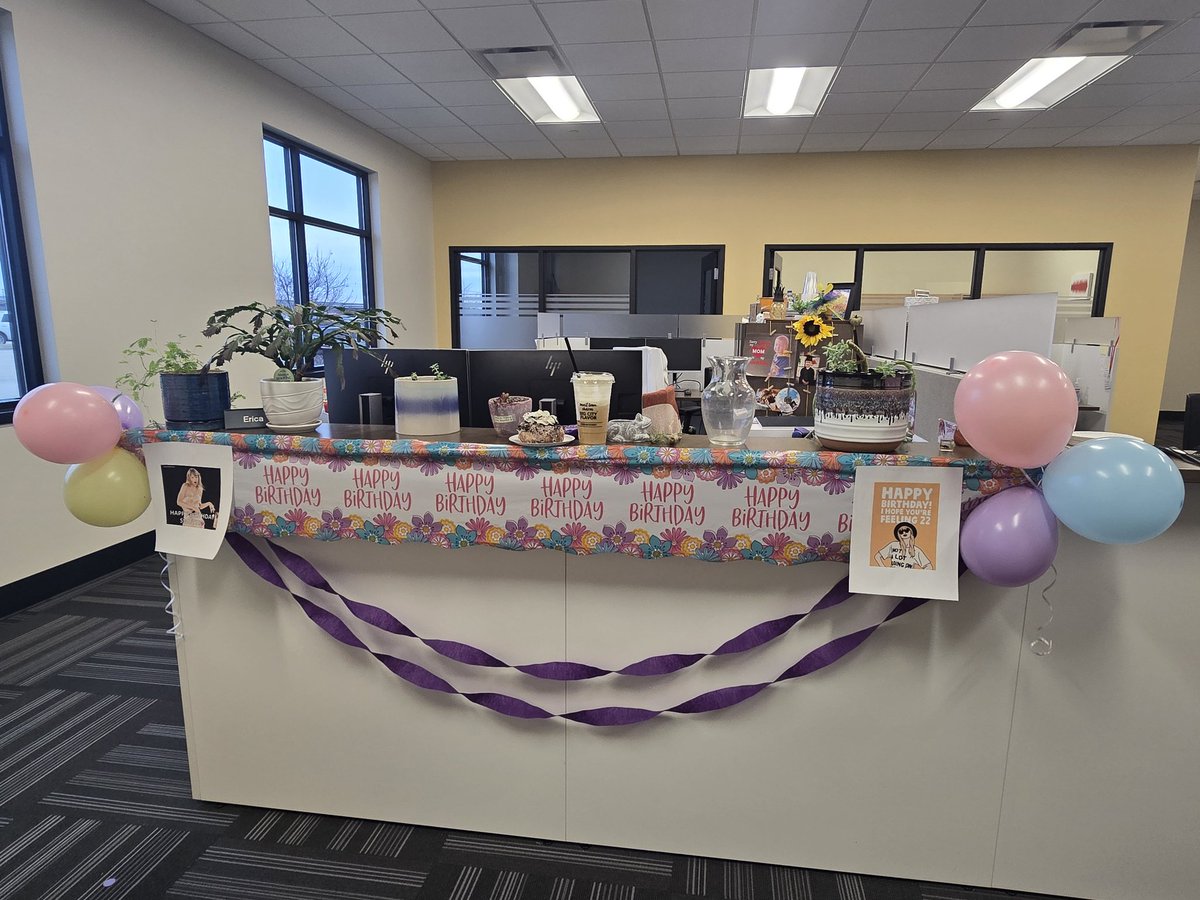MissErrka's tweet photo. It's my balloon day! I may not be feeling 22 but I am feeling the love! 
I scored big with the Folklore cat from @tmcgee338 and my coworkers absolutely spoiled me by decorating, buying lunch, coffees and sweet treats! Went out to dinner and receieved some gifts from the family 💜 https://t.co/dmFf1OcIDu