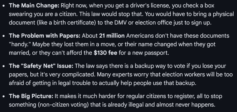 MicrophoneDrop's tweet photo. The SAVE Act would end "Motor Voter" by requiring a physical passport or  birth cert to register. While it claims to have a "backup" for lost  papers, the $130+ cost and strict rules could block millions of legal US  citizens—especially students and married women—from voting. https://t.co/Osq9MOjZDm