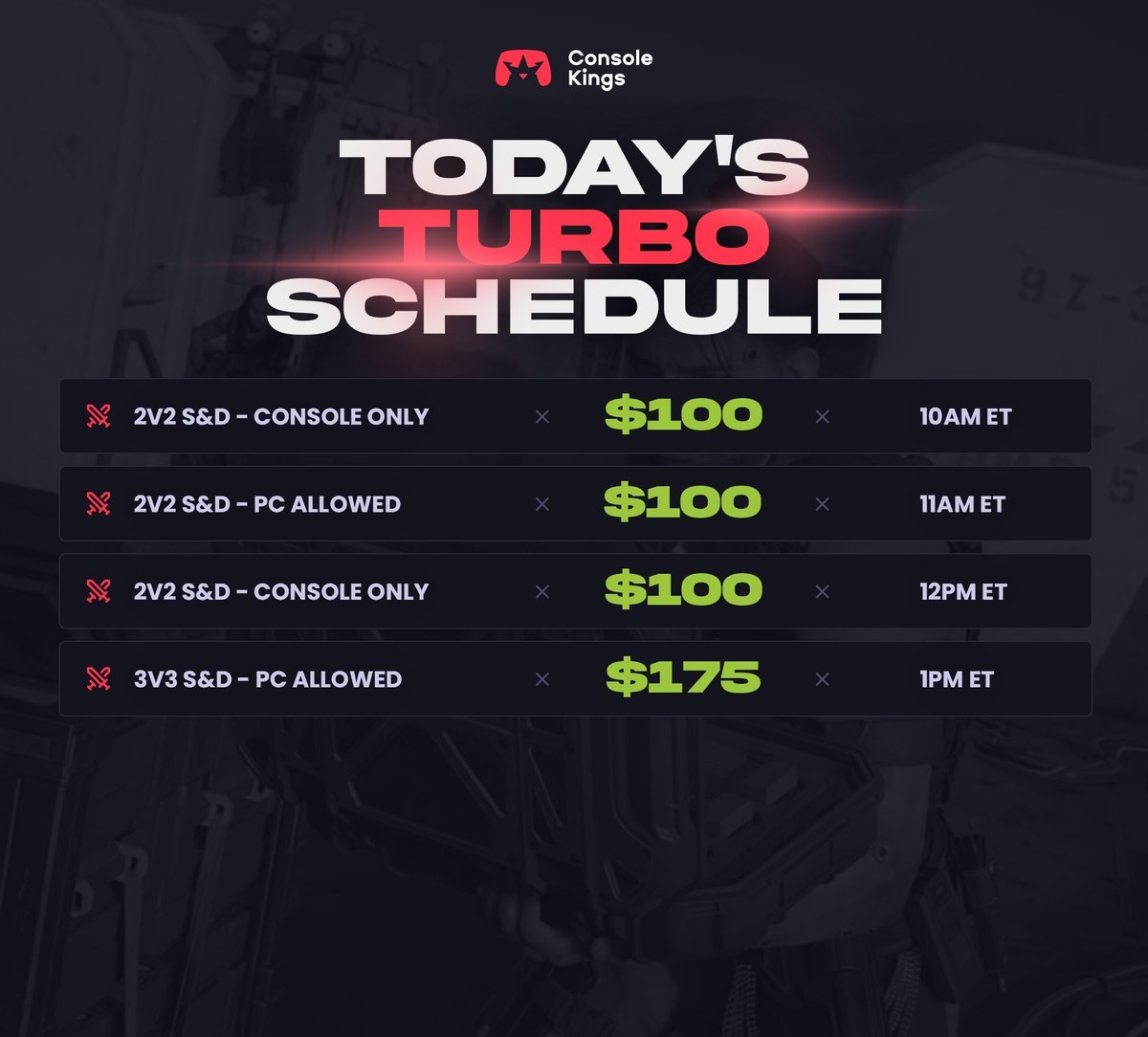 ConsoleKings's tweet photo. Today's Turbo Tournaments⚡

💰$475 in Prizes

🎟️Free to Enter / 16 Team Max

⏰Registration Opens 15 minutes prior to start time

Signup Here: https://t.co/FSi4E9N4yj

Disclaimer: No Trophies are awarded for Turbo Tournament https://t.co/3BisX3PdLN