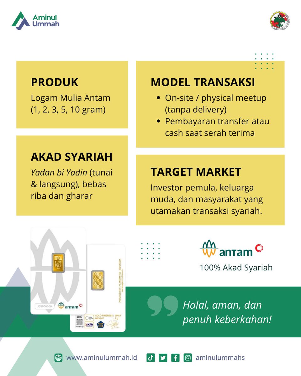 aminulummahs's tweet photo. Bismillahirrahmanirrahim

Aminul Ummah Gold 

Investasi emas fisik Antam, transaksi langsung &amp; sesuai prinsip syariah.
Aman, transparan, dan yadan bi yadin — emas di tangan, akad di tempat.
Yuk saatnya amankan nilai hartamu sekarang. 💛

#AminulUmmahGold #EmasAntam #InvestasiEmas https://t.co/gZMa7msOh0