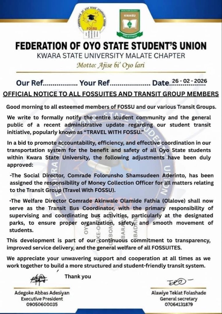 fossukwasu's tweet photo. EXECUTIVE PRESIDENT OF FEDERATION OF OYO STATE STUDENTS UNION, KWASU CHAPTER in person of HON.SEN. Comrade ADEGOKE ABBAS ADESIYAN address all FOSSUITES on the TRANSIT adjustment for the benefits and safety of all Oyo State students within Kwara State University, Malete. https://t.co/vSKKvnJHdk