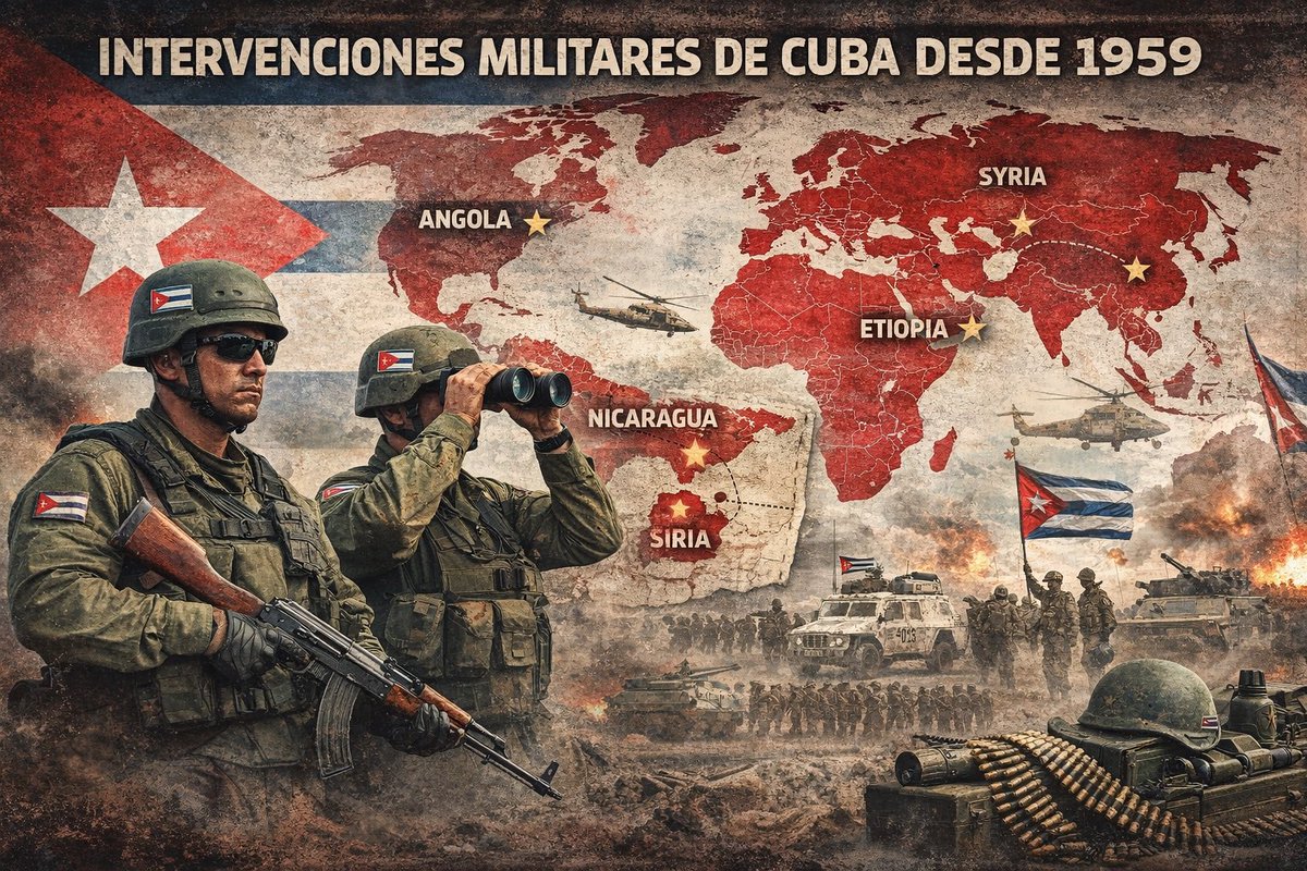 Desde 1959, el régimen cubano no solo gobernó dentro de la isla.
Intervino activamente en conflictos armados y apoyó movimientos insurgentes en varios continentes.

Hechos documentados:

• 🇦🇴 Angola (1975–1991): hasta 30-50 mil tropas cubanas desplegadas en distintos momentos.