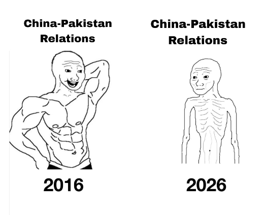 _ayesha_mir's tweet photo. Remember the ripped 'all-weather friends' in 2016? Fast-forward to 2026:
Pakistan's gone from CPEC hype to debt slavery, attacks on Chinese workers, stalled projects & Beijing quietly treating it like a bad investment.
China flexes, Pak starves. #DebtTrap #CPECfail #PakChina https://t.co/2T40AL6mq7
