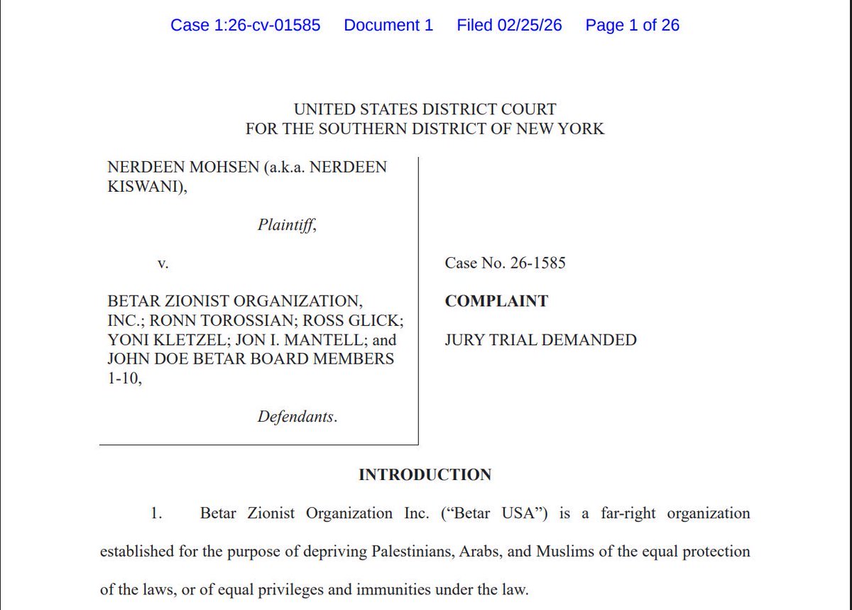 WOL’s Chair &amp; founder <a href="/NerdeenKiswani/">Nerdeen Kiswani</a> is suing Betar, the Zionist org whose members have been targeting her with harassment and death threats for years. In her own words, “This lawsuit is about more than me. It is about ensuring that Zionist organizations cannot stalk, threaten,