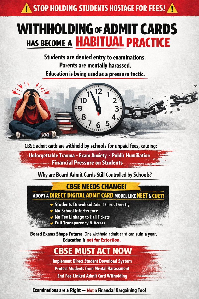 Examinations must never be used as instruments of financial pressure. No child should face the fear of losing an academic year due to circumstances beyond their control. <a href="/cbseindia29/">CBSE HQ</a> <a href="/CMODelhi/">CMO Delhi</a> <a href="/gupta_rekha/">Rekha Gupta</a> <a href="/ashishsood_bjp/">Ashish Sood</a> <a href="/LtGovDelhi/">LG Delhi</a> <a href="/PMOIndia/">PMO India</a>