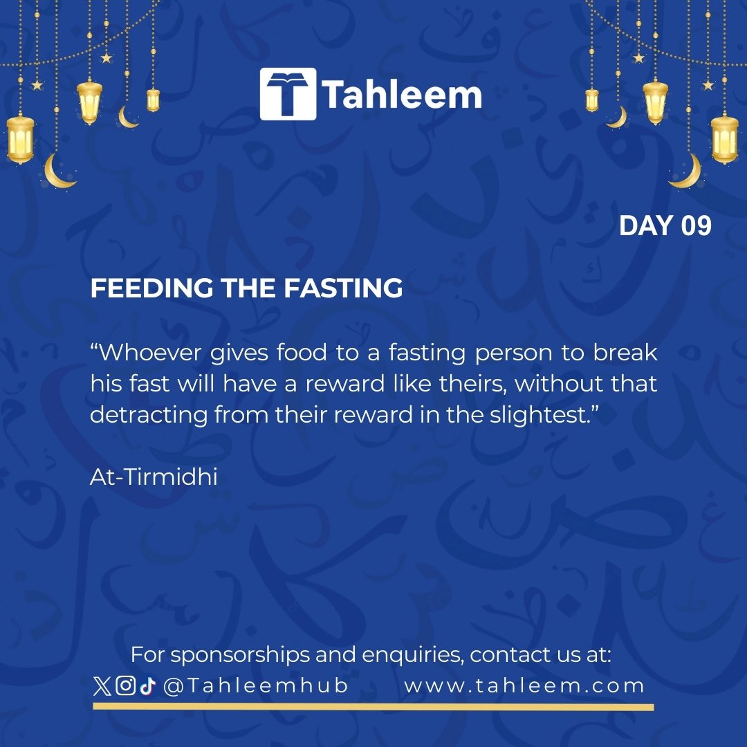 Day 09 — Feed Others

One meal can earn you the reward of a fast. 
Share your table, multiply your reward.

#Ramadan #Day09 #Tahleem