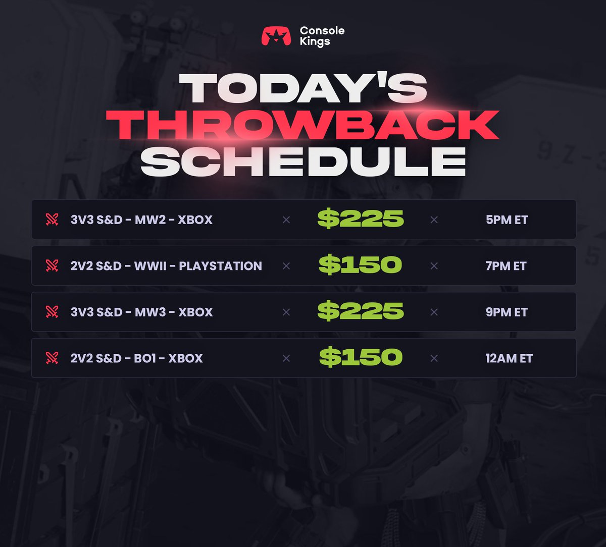 ConsoleKings's tweet photo. Today's Throwback Tournament Schedule🏆

💰$750+ in Prizes
⏰Starting at 5PM ET

Disclaimer: All Paid Entry Tournaments are 100% Payout

Signup at https://t.co/FSi4E9NCnR https://t.co/l3V9t0w2S1