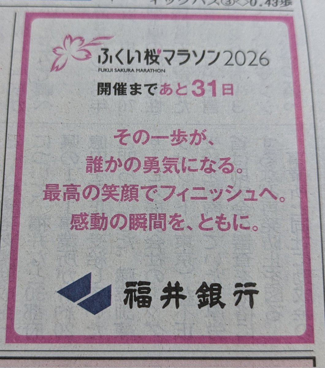 福井新聞のカウントダウンが始まりました😆メッセージは毎日変わるので、見るのが朝の楽しみになります✌️さあ、いよいよです。
#ふくい桜マラソン