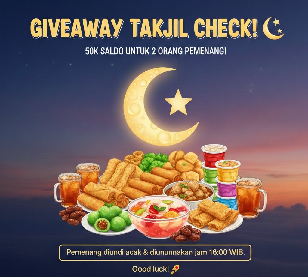 GIVEAWAY TAKJIL BUAT KAMU! 💸
​Saldo 50k untuk 2 orang beruntung (each 25k).
​Cara ikut:
✅ Follow, RT &amp; Like
✅ Komen di bawah: Takjil apa yang kamu suka.
​Diumumin jam 4 sore ini. Pantengin terus! 🕒
#Giveaway #Ramadan #zonauang️ #zonajajanᅠ