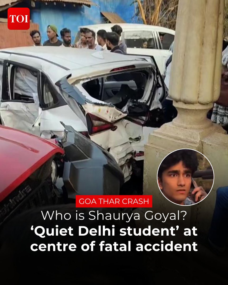 timesofindia's tweet image. A 19-year-old BBA student, Shaurya Goyal, has been identified as the driver of the Thar involved in a fatal crash in #Goa. 

The accident claimed the life of a tourist and injured his wife and infant.

Read to know more 🔗 toi.in/Qhm5sb

#GoaTharCrash #CarCrash