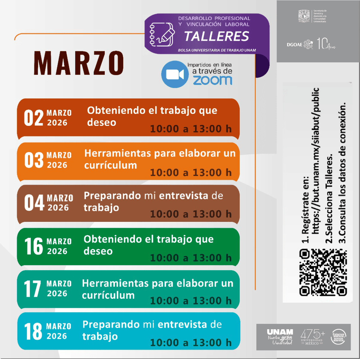 ButDGOAE's tweet photo. 🤓📝 Dirigido a: #ComunidadUNAM
🧐📈 La Bolsa Universitaria de Trabajo te invita a participar en nuestra jornada de talleres virtuales de MARZO. ¡Prepárate para dar el siguiente paso en tu carrera!
🔎 Consulta nuestras actividades en la Agenda: https://t.co/e7sWG5m5h6 https://t.co/Hgq5ttnQgR