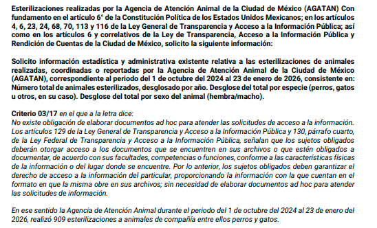 Solo 1710 esterilizaciones con un presupuesto de millones de pesos

1,710 esterilizaciones desde que Ana Villagrán tomó el cargo como titular de la Agencia de Atención Animal en octubre del 2024 hasta finales de enero de 2026.

No se trata de un trimestre, ni de una etapa