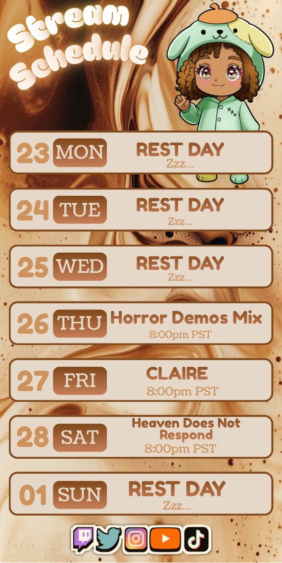 Weekend stream schedule and we’re goin heavyyy on the horror (yay….)

‼️Streaming each night on both TWITCH and YOUTUBE‼️

If you love a good scary game but can’t play them yourself, or just want to be around ppl that love them the same, come join the community n hang out 🤎🔥