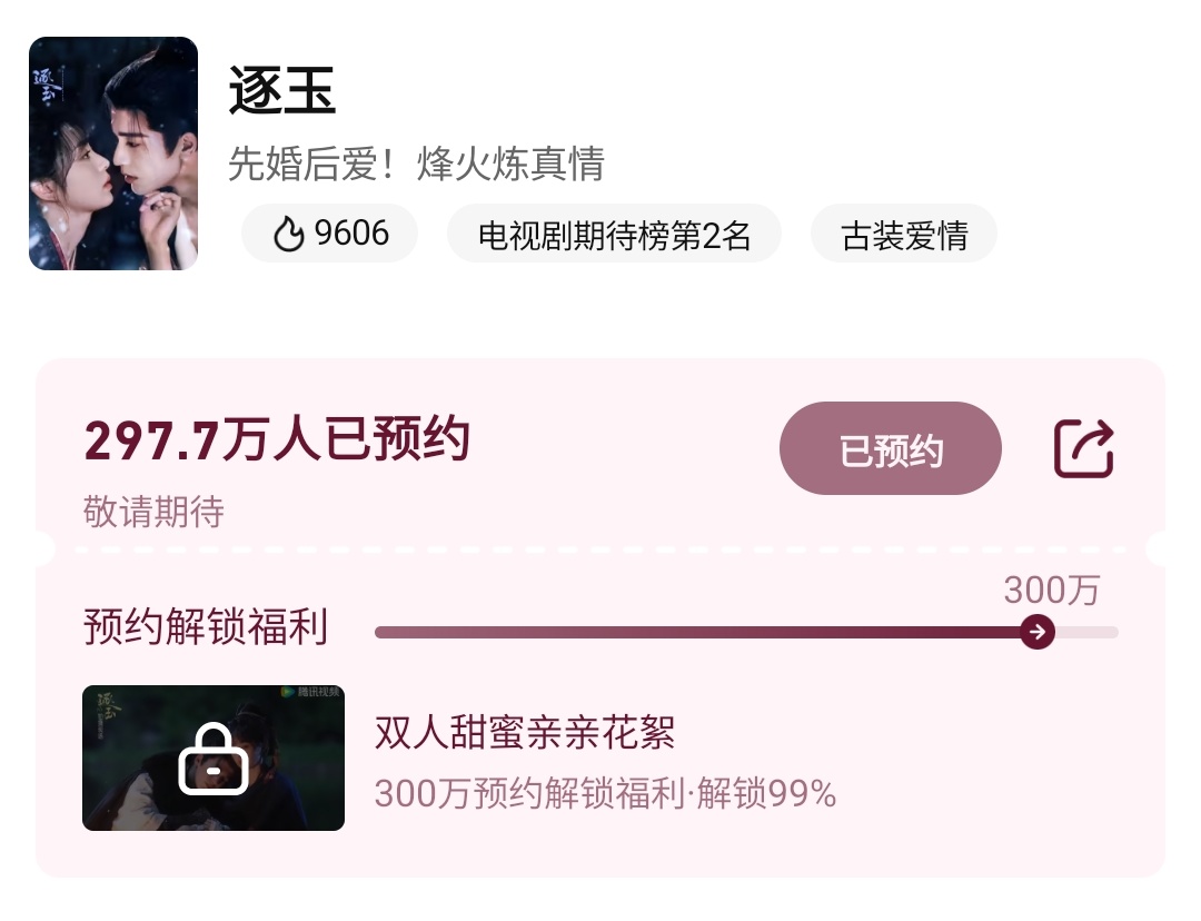 #ZhuYu (Pursuit of Jade) almost hit 3M reservations on Tencent Video🔥 there will be "sweet kissing" vids of xie zheng and fan changyu once it hits 3M🤩
