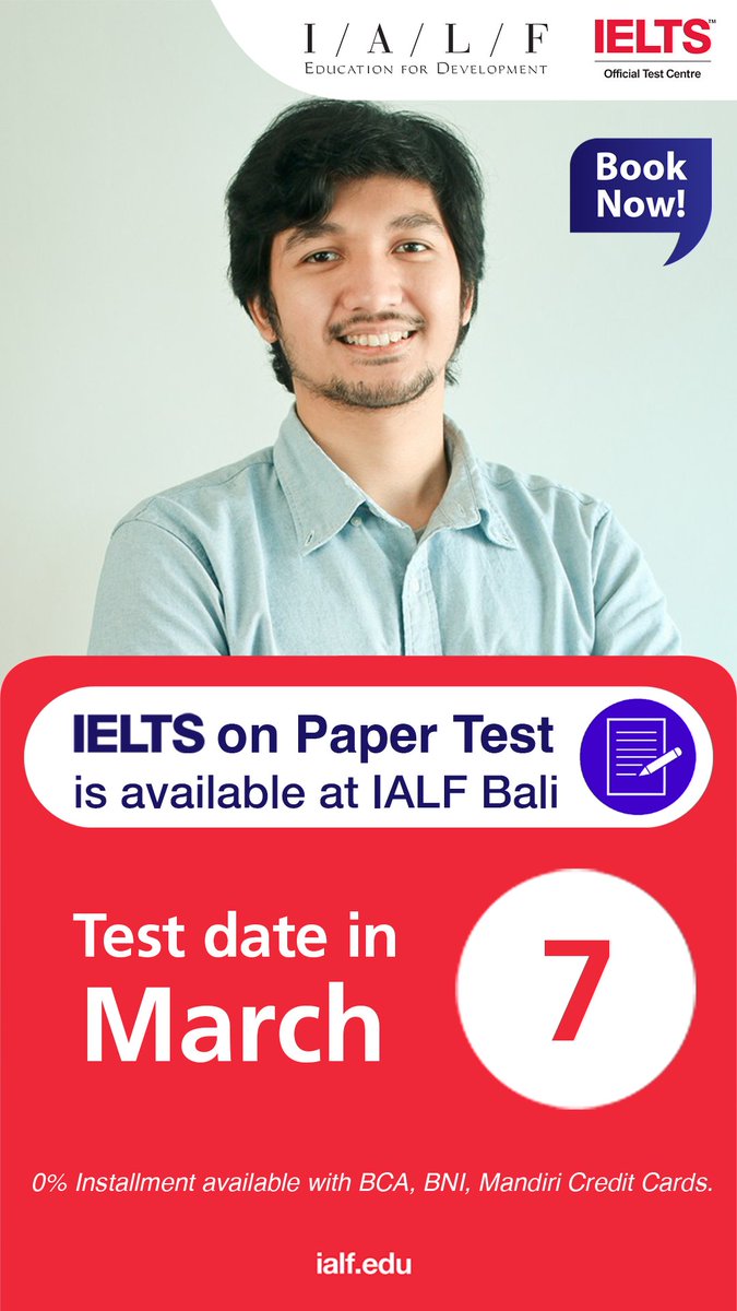 📅 Simak jadwal Paper-based IELTS Test Maret 2026!

Tersedia di IALF Jakarta, Gading Serpong &amp; Bali.

Segera daftar dan wujudkan skor IELTS impianmu bersama IALF – pusat tes resmi terlama di Indonesia. ✨

#IELTSwithIALF #EducationforDevelopment
