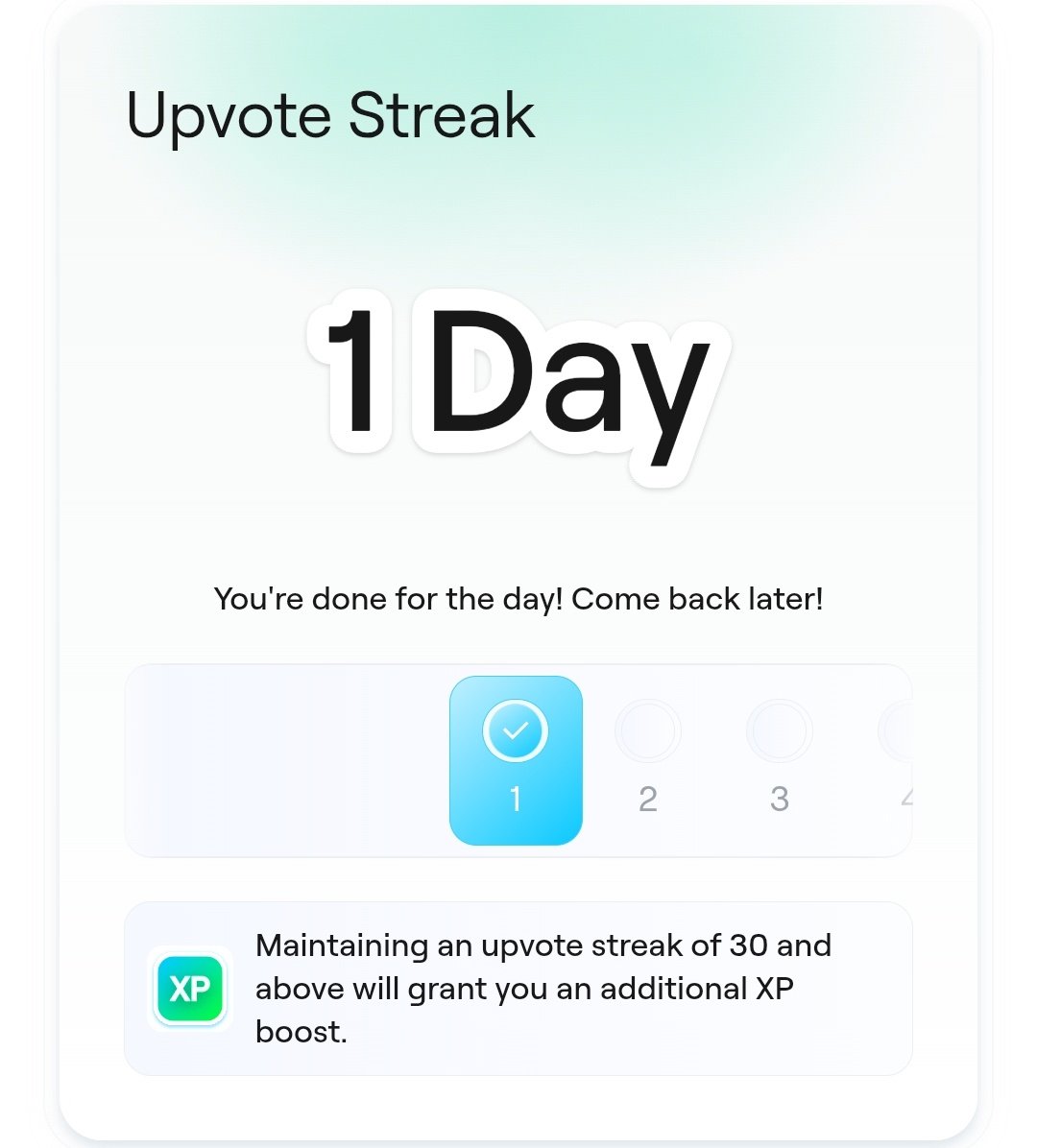 Made my first day of upvote before to go to sleep! 

30 day streak will unlock 5% XP boost 🔥👀

GN fam ✳️💚