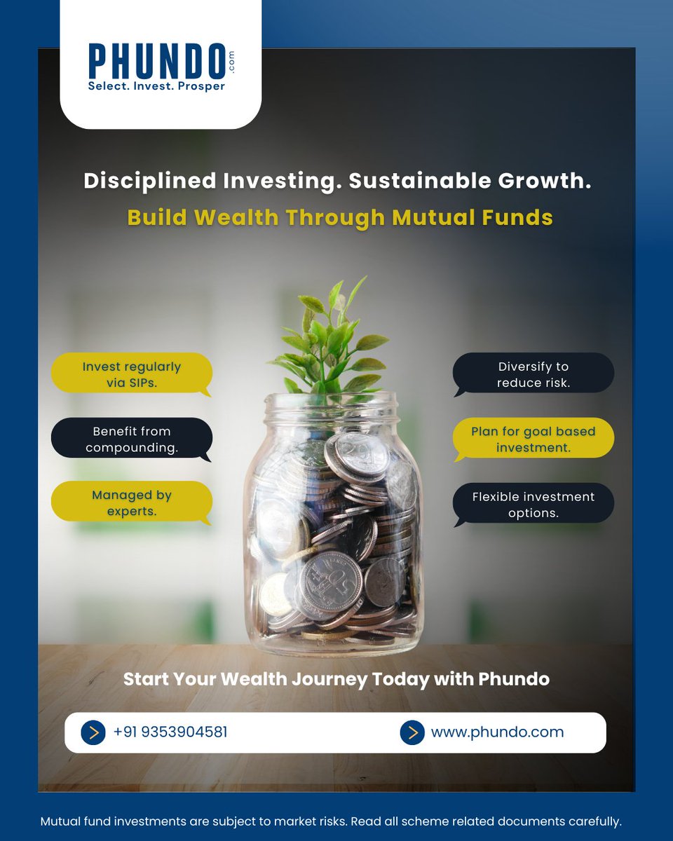 Phundos's tweet photo. Disciplined investing today. Sustainable growth tomorrow. Start your journey with Phundo!
#Phundo #MutualFunds #SIPInvestment #WealthCreation #SmartInvesting https://t.co/OSurHDE4h4