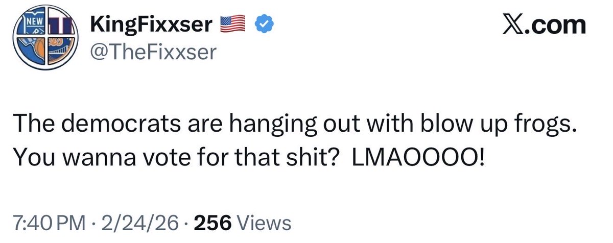 You voted for a President that is a child rapist and hung out with child rapists. <a href="/KingFixxser/">Fixxxer 🇺🇸</a> but an inflatable frog is the limit. Crazy.