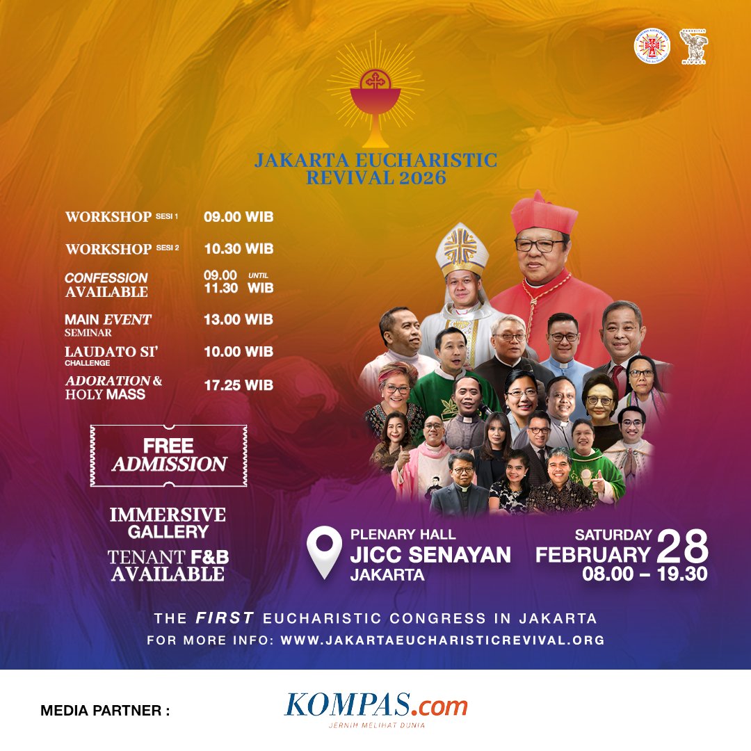Jakarta Eucharistic Revival 2026 akan digelar pada Sabtu, 28 Februari 2026 di JICC Senayan. Diselenggarakan oleh Keuskupan Agung Jakarta, acara ini menghadirkan misa akbar, adorasi, seminar, workshop, serta immersive room &amp; tunnel pertama di Jakarta!

Informasi selengkapnya: