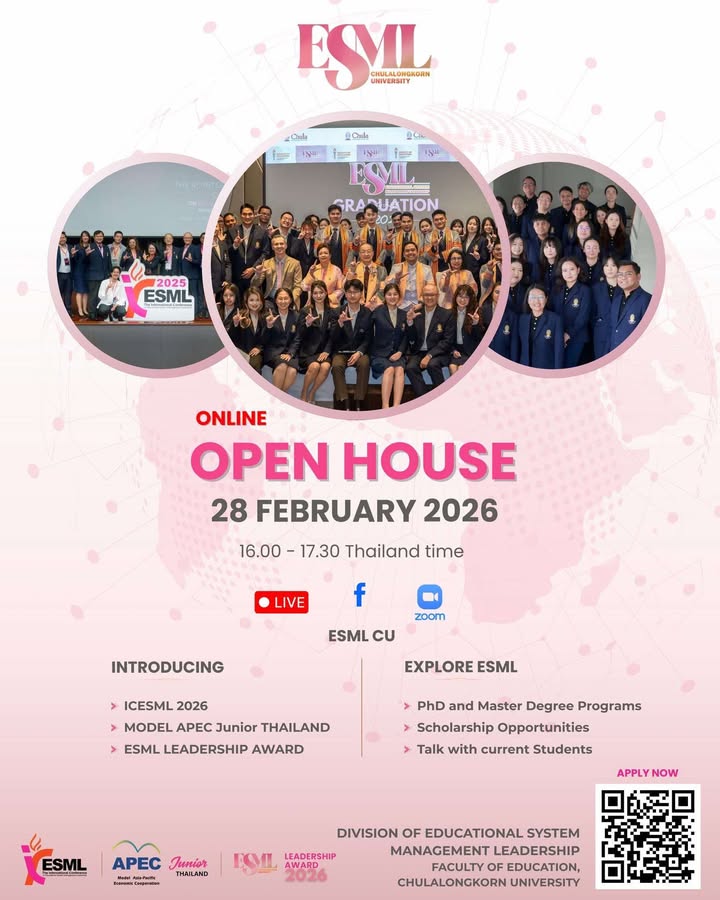ChulalongkornU's tweet photo. 🎓 ESML Open House 2026
เปิดโลกหลักสูตรโท–เอก ESML (International Program)พบผู้บริหารและคณาจารย์ประจำหลักสูตร พร้อมข้อมูลทุนและกิจกรรมเด่น 🏆🌍
📅 28 ก.พ. 2569
⏰ 16.00–17.30 น.
📍 Zoom & Facebook Live
#ESML #OpenHouse2026 #จุฬาฯ #Chula
📌อ่านที่ https://t.co/gqg3ZP6fhV https://t.co/qMJcc2l8dZ