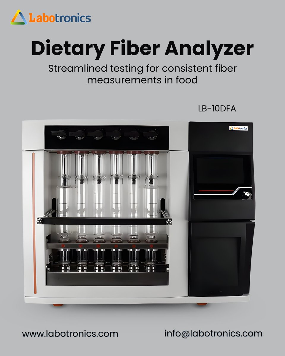 Labotronics's tweet photo. Dietary Fiber Analyzer LB-10DFA provides precise fiber analysis for up to six samples with fast, clog-free separation and ergonomic digital control.
Learn more: https://t.co/jCwSXJWgwP
info@labotronics.com
#Labotronics #DietaryFiberAnalyzer #FiberAnalysis #LabEquipment https://t.co/u9lJU7z67R