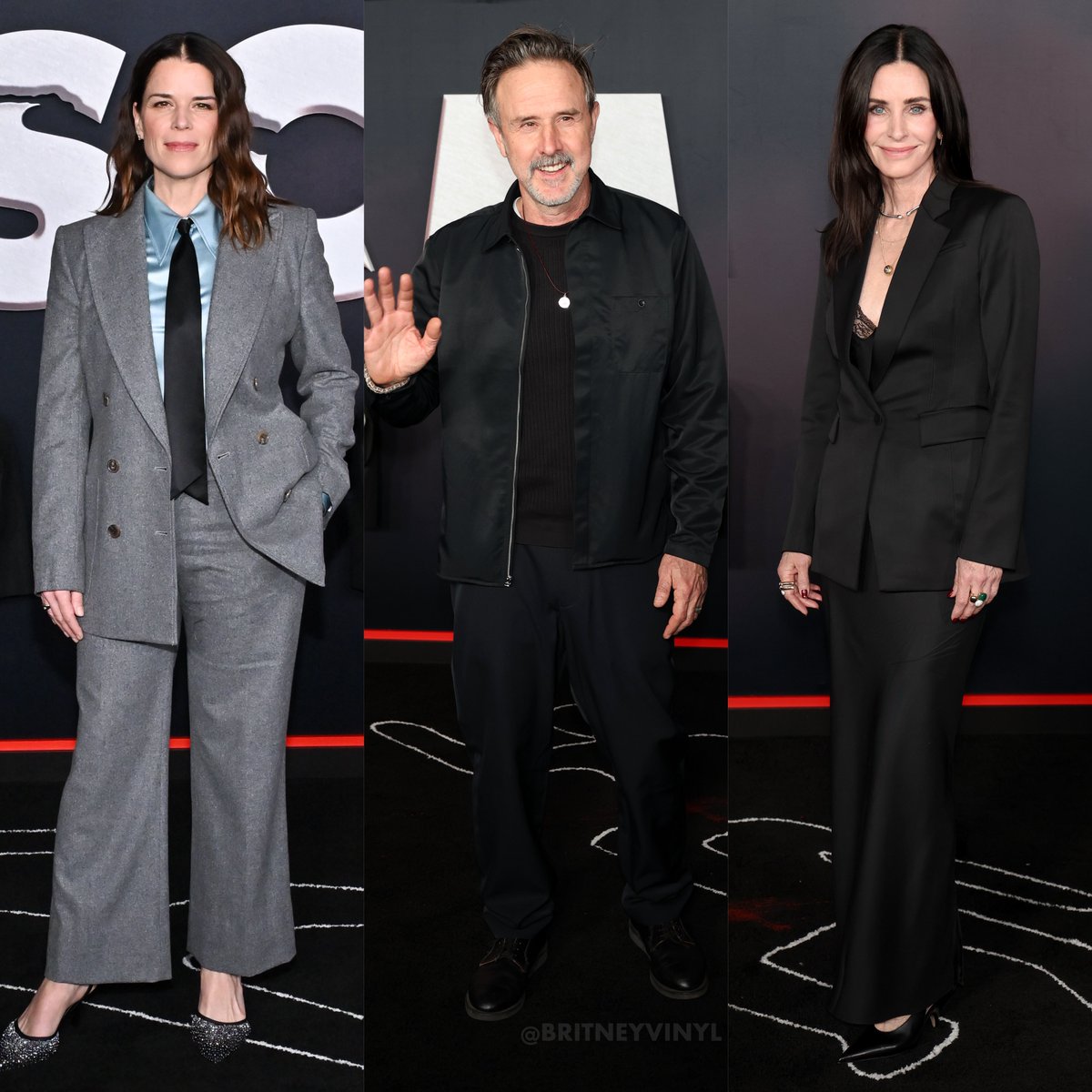 The original SCREAM trio is finally back! Neve Campbell, David Arquette &amp; Courteney Cox attend the #Scream7 red carpet premiere in Los Angeles. Sidney, Dewey &amp; Gale together again makes me so happy. ❤️