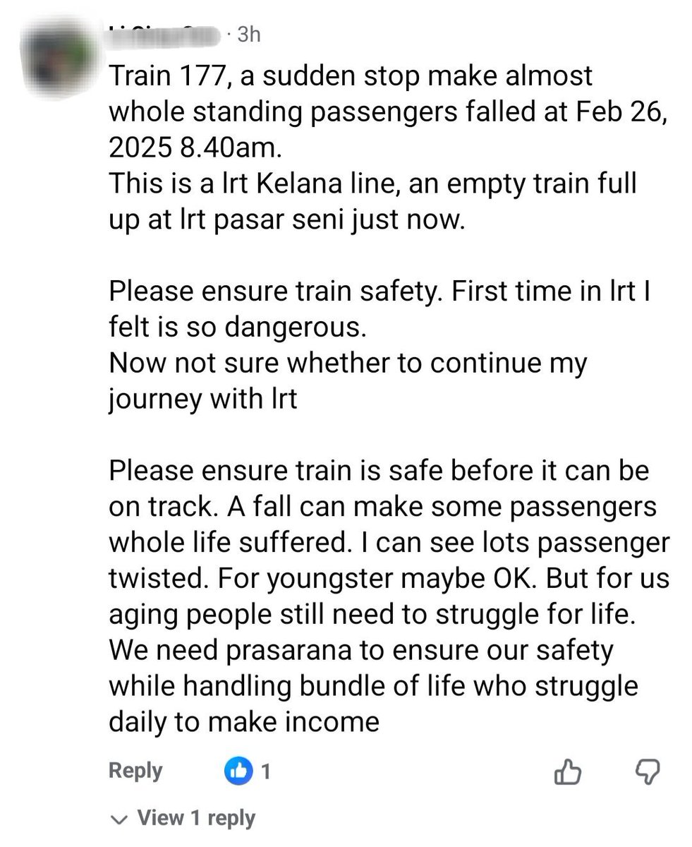 The LRT Kelana Jaya Line was hit with another service disruption this morning due to a technical fault that temporarily affected train frequency.

Commuters also reported that a train braked abruptly, causing several passengers to fall, with one reportedly injuring his hand.

🧵1