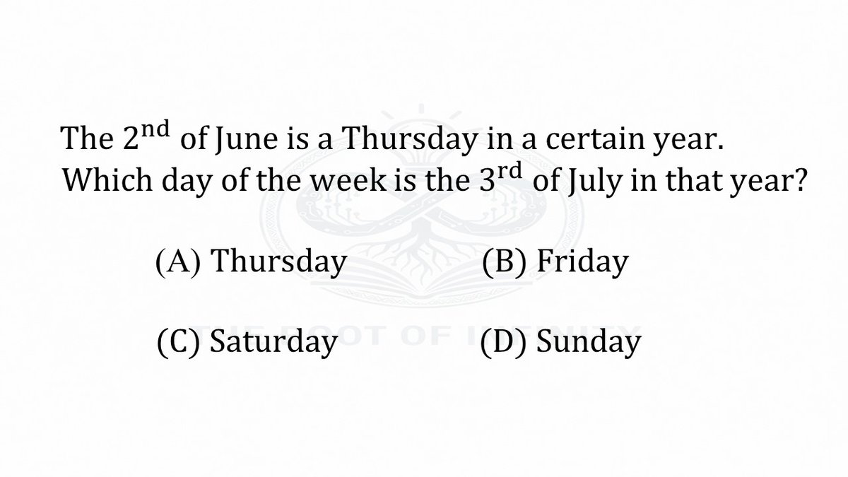 parth_hirpara05's tweet photo. If 2nd June is Thursday, can you find the day on 3rd July? 🤔
Test your logical thinking and calendar skills!
#MathPuzzle #LogicalReasoning #BrainTeaser #CalendarPuzzle #Aptitude #ProblemSolving #MathChallenge #CompetitiveExams #GK #MindWorkout https://t.co/sRlFUsDI2d