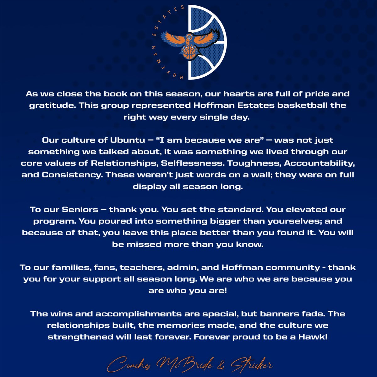 HEHSbball's tweet photo. Hawks fall in 4 OT to Buffalo Grove 58-62

Thank you, Hawk Nation, for your unwavering support this season. 

Thank you, Seniors, for leaving it better than you found it.

#Ubuntu - “I am because we are.” https://t.co/FQv0EigbcG