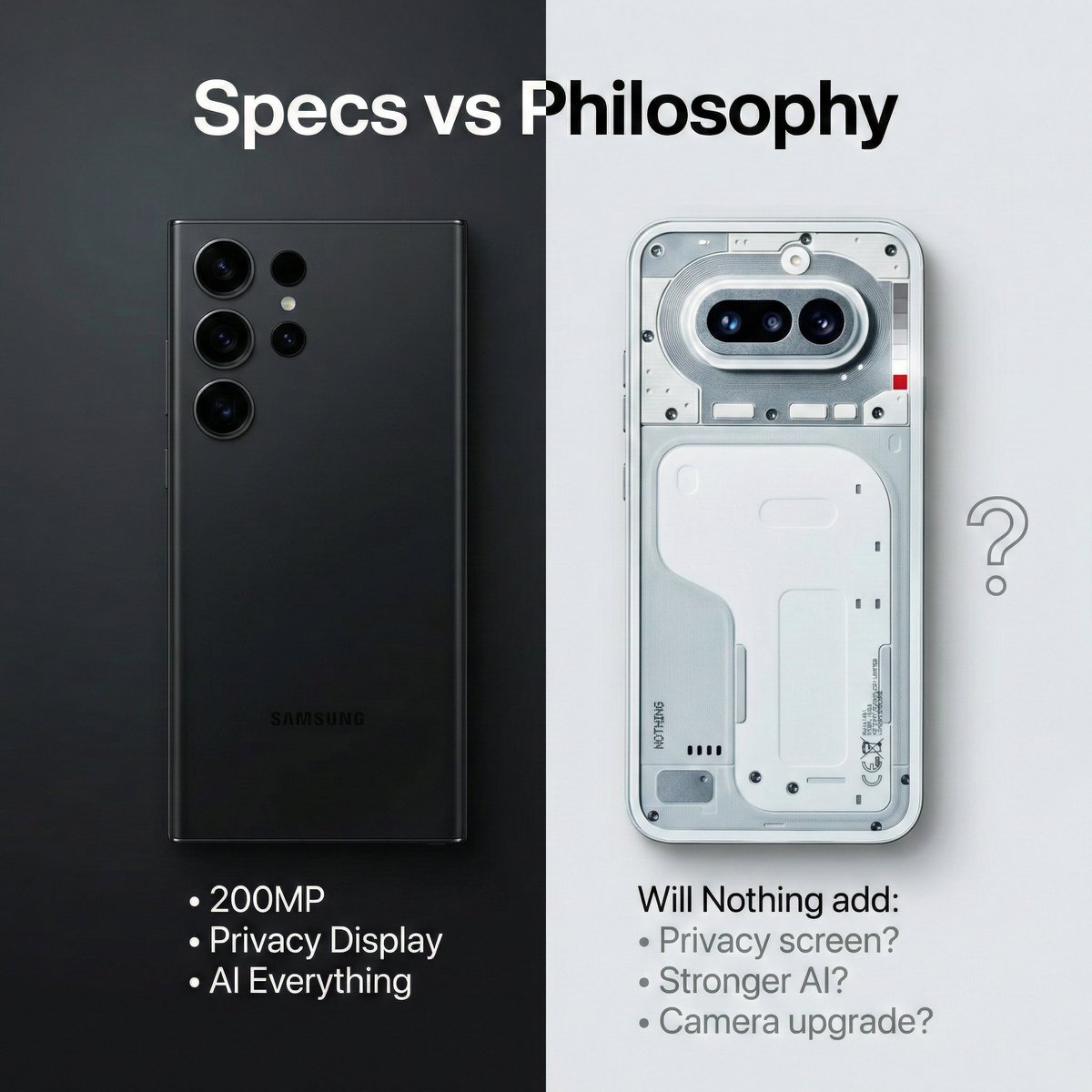 Samsung launched the S26 Ultra with:

• Privacy display
• 200MP camera
• Heavy AI upgrades

Now the real question 👀

Will Nothing bring any of this to Phone (4a) or 4a Pro?

Privacy screen?
Stronger AI?
Camera upgrade?

What should Nothing actually adopt?

#NothingPhone4a