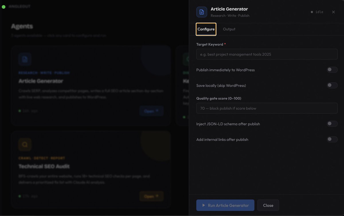 I built an AI-powered article agent that runs on Anthropic's Claude API and takes one keyword and runs a 5-stage pipeline - 

→ Competitor analysis 
→ Outline generation 
→ Section writing with quality gate
→ Schema markup
→ Internal linking

Cost per article? Roughly $0.80