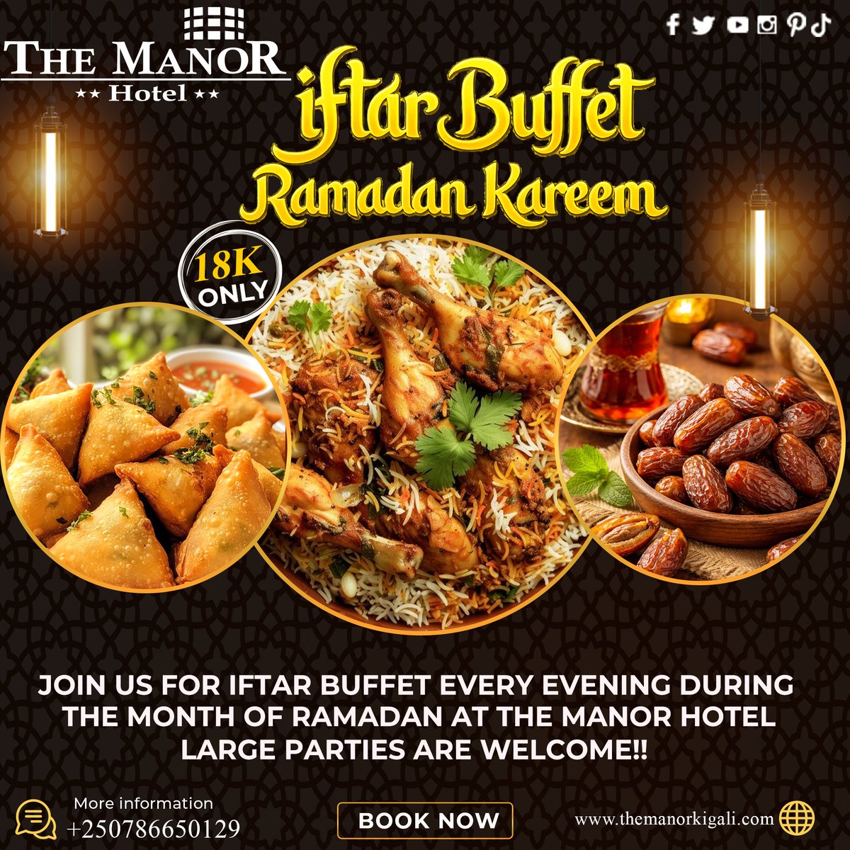 Ramadan Kareem 🌙✨
Join us at The Manor Hotel for a refined Iftar Buffet experience at 18K only. Enjoy a rich selection of traditional and international flavors served every evening throughout the month of Ramadan.

Families, friends, and large parties are most welcome!!