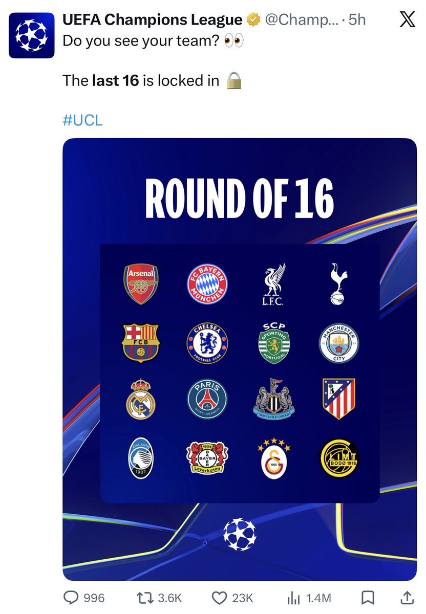 imfuraluc01's tweet image. #UEFACL | #LAST16 

Clubs in the last 16 of the Champions League: 

🏴󠁧󠁢󠁥󠁮󠁧󠁿 Arsenal
🏴󠁧󠁢󠁥󠁮󠁧󠁿 Chelsea
🏴󠁧󠁢󠁥󠁮󠁧󠁿 Liverpool
🏴󠁧󠁢󠁥󠁮󠁧󠁿 Manchester City
🏴󠁧󠁢󠁥󠁮󠁧󠁿 Newcastle United
🏴󠁧󠁢󠁥󠁮󠁧󠁿 Tottenham Hotspur

🇪🇸 Atletico Madrid
🇪🇸 Barcelona
🇪🇸 Real Madrid

🇩🇪 Bayer Leverkusen
🇩🇪 Bayern Munich

🇮🇹 Atalanta

🇫🇷 Paris