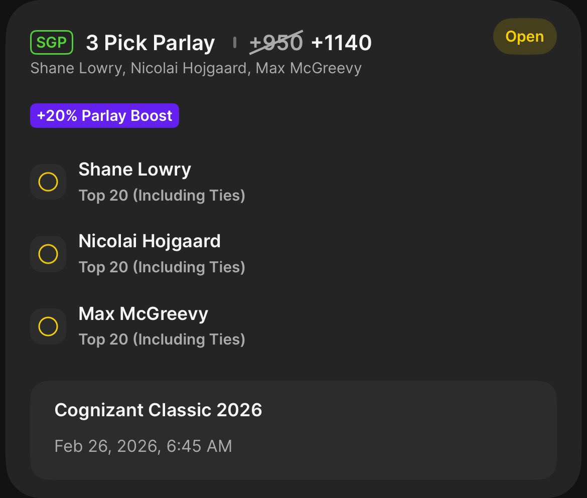 Golf play #3 ⛳️

Top 20 parlay +1140🎰💰

$20 to someone that likes this post when we cash EITHER this parlay or our 2 ball lotto (check last post)

Link: sportsbook.draftkings.com/social/post/f4…

#GamblingX #PGA