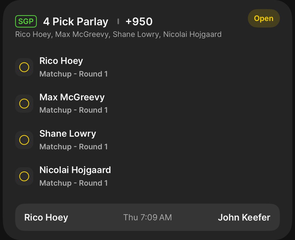 Golf play #2 ⛳️

2 ball Lotto +950🎰

Hoey
McGreevy
Lowry
Hojgaard

Let’s cash💰💰

Link: sportsbook.draftkings.com/social/post/23…

#GamblingX #PGA