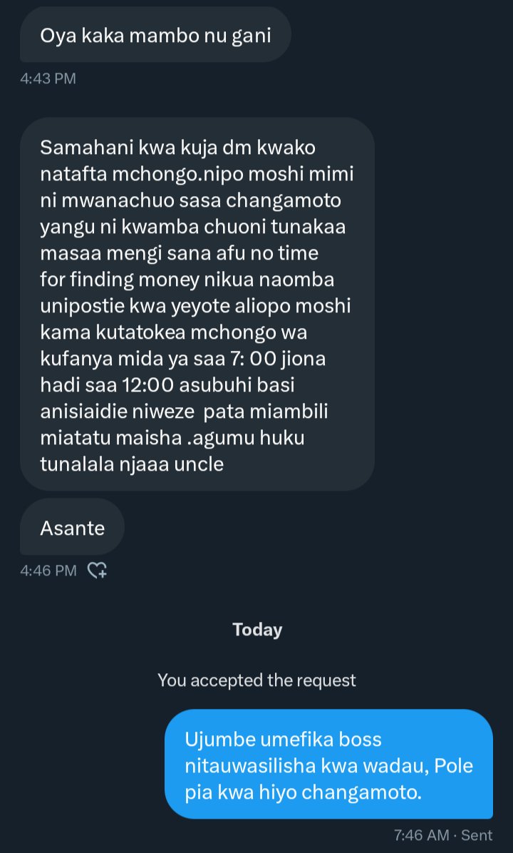 Wagonga ulimbo wenzangu mliopo hapo Moshi naombeni sana tumsaidie mdogo wetu mpendwa kupata mchongo wowote ule.Mdogo wetu hachagui kazi.

Natanguliza shukrani🙏🙏🙏