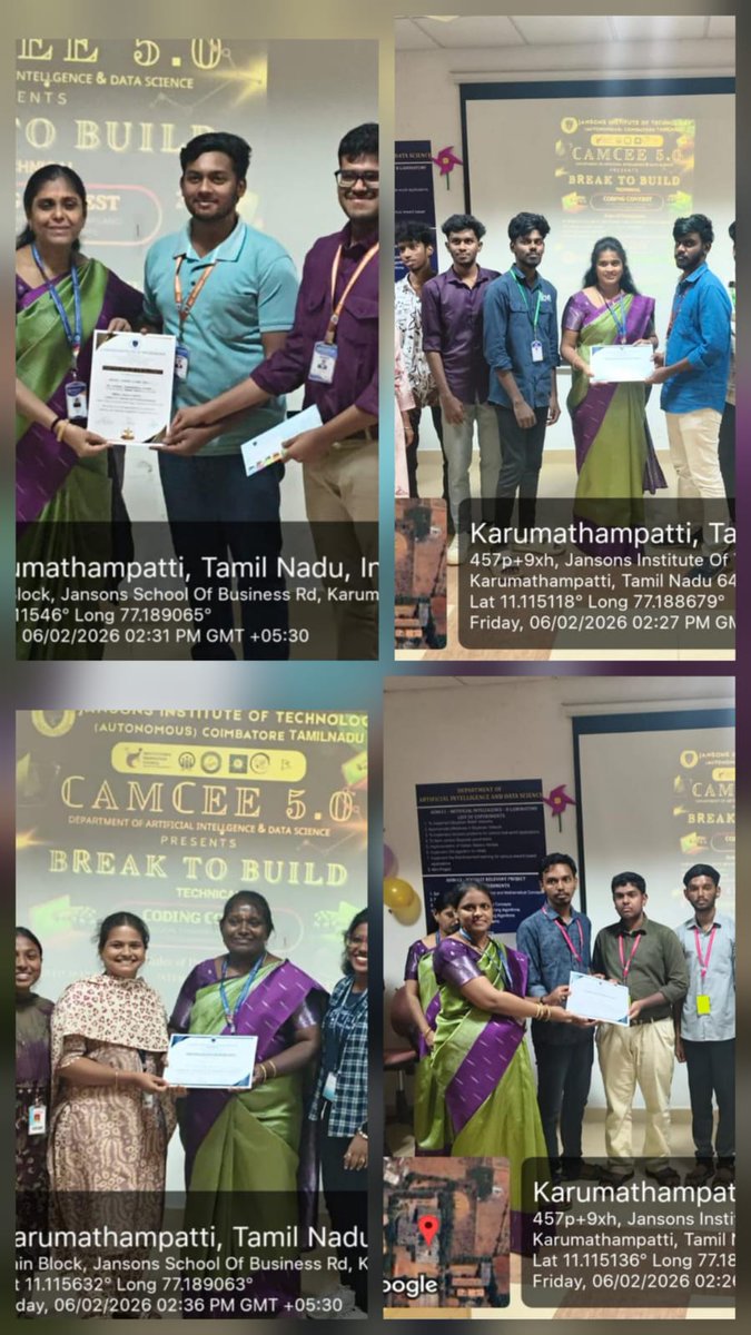 JIT_Offl's tweet photo. Jansons Institute of Technology, in association with the IIC &amp; Department of Artificial Intelligence &amp; Data Science, successfully conducted Technical Symposium Event , CAMCEE 5.0 -  "Break to Build" on February 6, 2026.
#BreakToBuild #CodingContest #HackathonVibes #JIT #AIandDS https://t.co/mxwvufeTNq