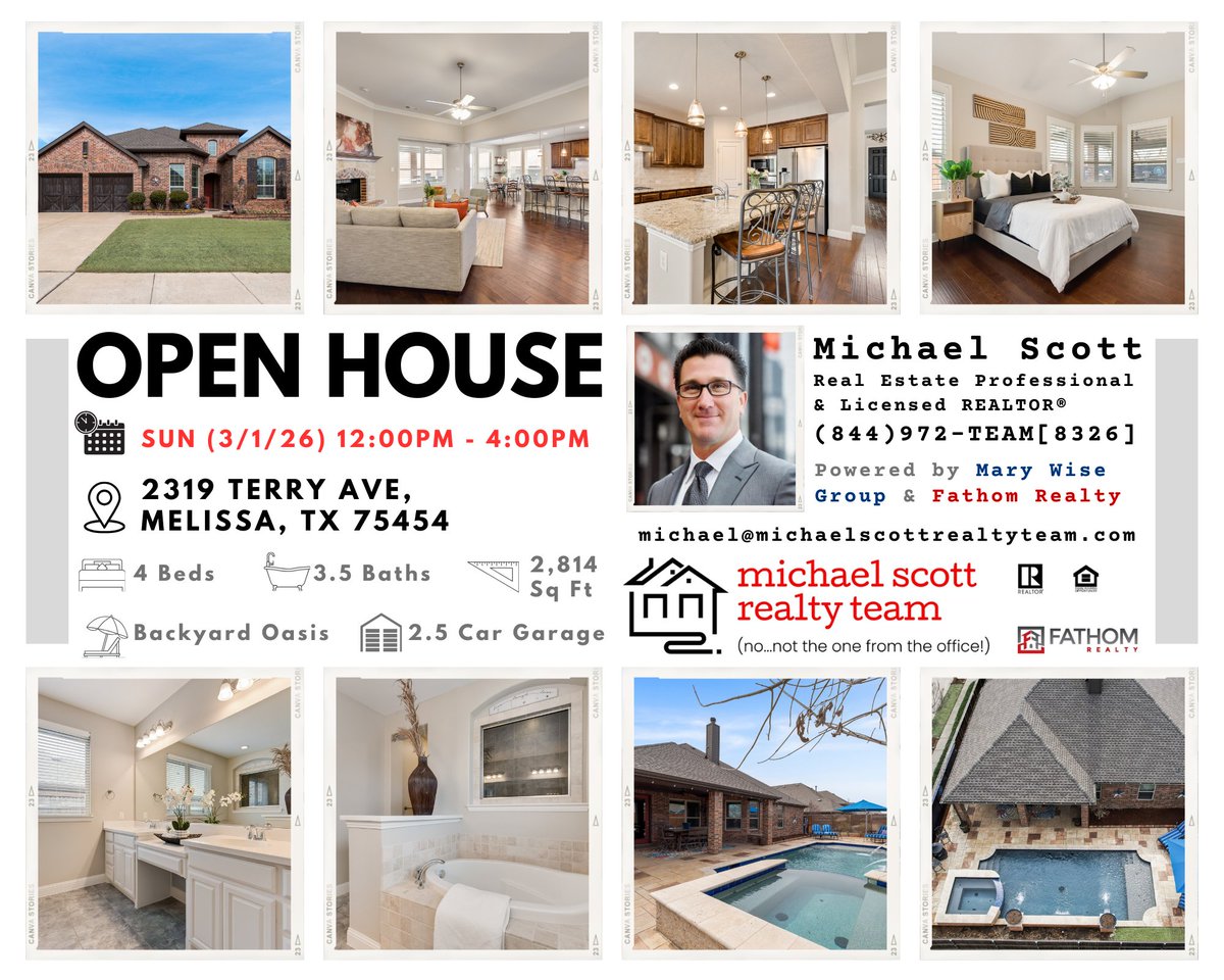 MichaelScottRT's tweet photo. Hi Team,
📢Come one, come all!  Open House w/ refreshments at this unique home this Sun (3/1), from 12pm to 4pm, at 2319 Terry Ave, Melissa, TX 75454!

Info📸ℹ️:
https://t.co/sttJOYsuzt

https://t.co/N1aqMW3DQk

#melissatxrealestate #melissatx #backyardoasis #2primarysuites https://t.co/lMuldoC22Z