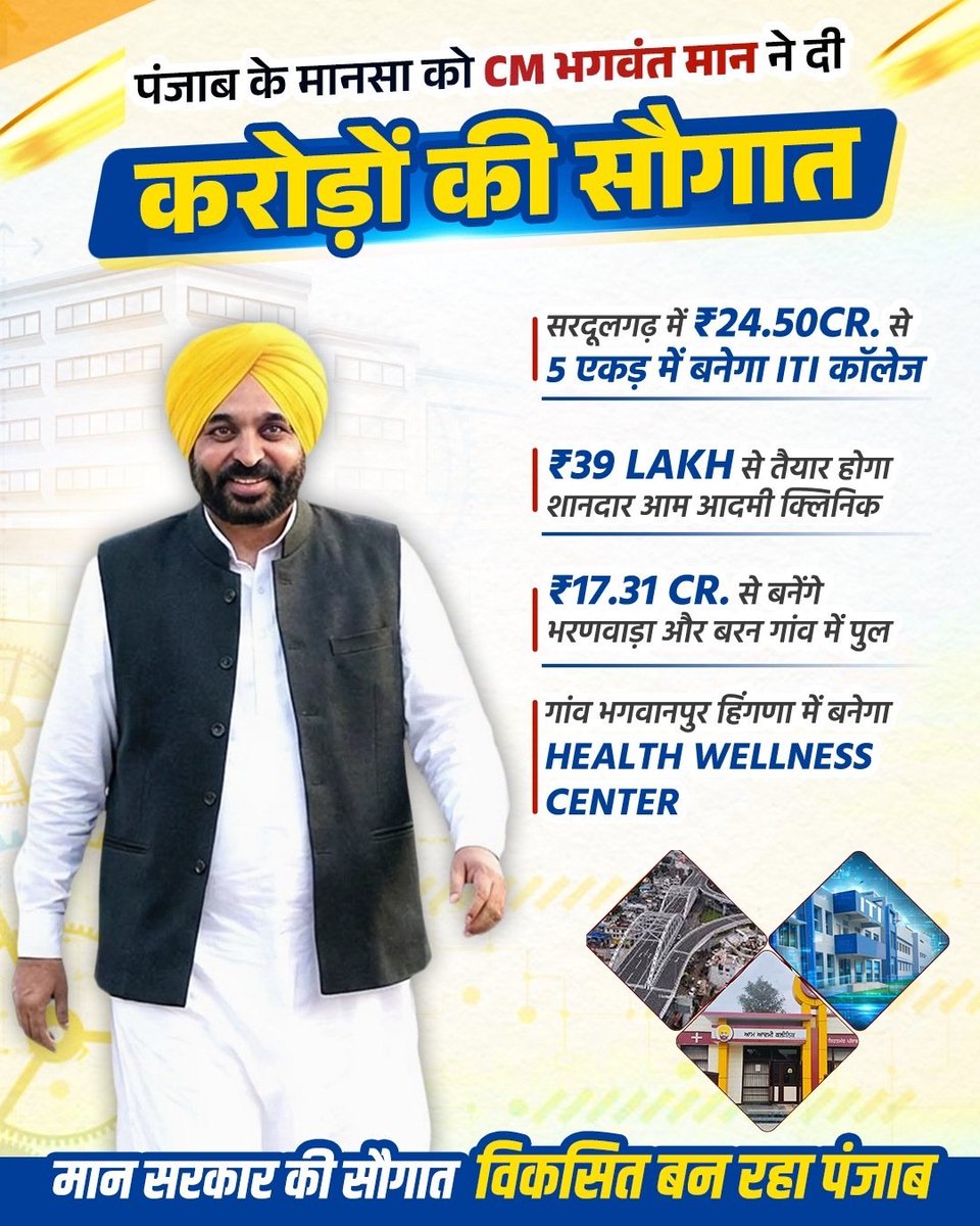 शिक्षा, स्वास्थ्य और बुनियादी ढांचे में तेज़ रफ्तार विकास… भगवंत मान सरकार के साथ आगे बढ़ता पंजाब।💪🏻