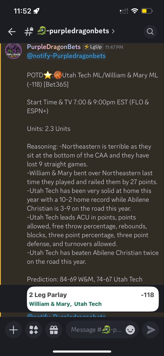 POTD⭐️:🏀Utah Tech ML/William &amp; Mary ML (-118) [Bet365]

Start Time &amp; TV 7:00 &amp; 9:00pm EST (FLO &amp; ESPN+)

Units: 2.3 Units

Prediction: 84-69 W&amp;M, 74-67 Utah Tech

Best of luck to everyone tailing lets stay hot and remember to bet responsibly!🍀💜🐉

#GamblingX #GamblingTwitter