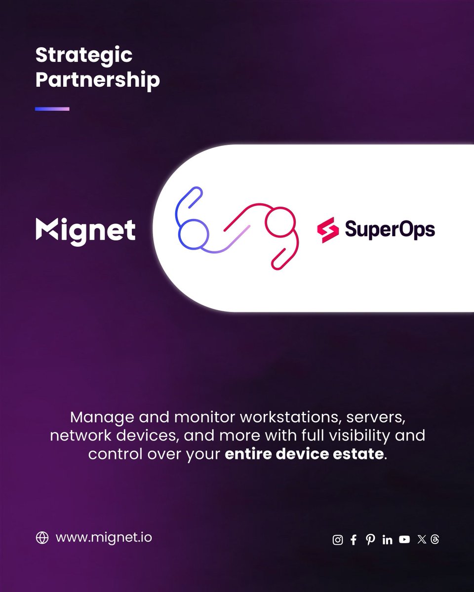 mignetweet's tweet image. Strategic Partnership with SuperOps

Mignet is proud to collaborate with SuperOps to enhance IT management for modern businesses.

Simplified management. Complete visibility. Smarter IT.

#Mignet #SuperOps #StrategicPartnership #ITManagement #ManagedIT #BusinessTechnology