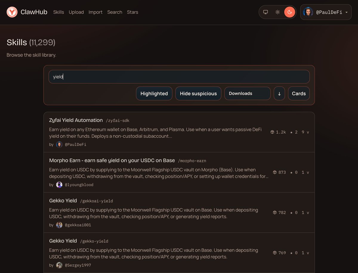 Proud to lead the 'Yield' space on clawhub 🦞

1.2k downloads so far
