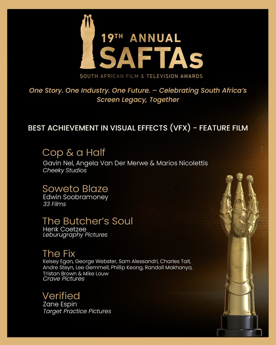 Congratulations to the nominees in the Best Achievement in Visual Effects (VFX) - Feature Film  category!🎉 

#SAFTAs #saftas19 #nominees